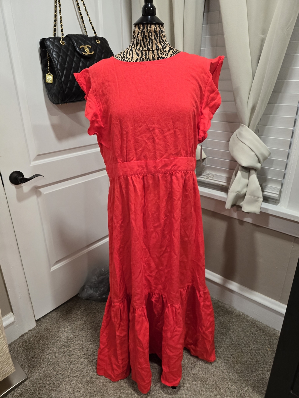 New For Cynthia Coral-Red Ruffle Sleeve Maxi Dress